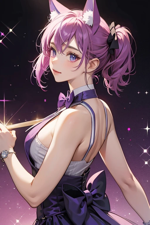 a purple with a round dorsal fin. she wears a magenta vest with a black bow tie. SPARKLE; GLITTER