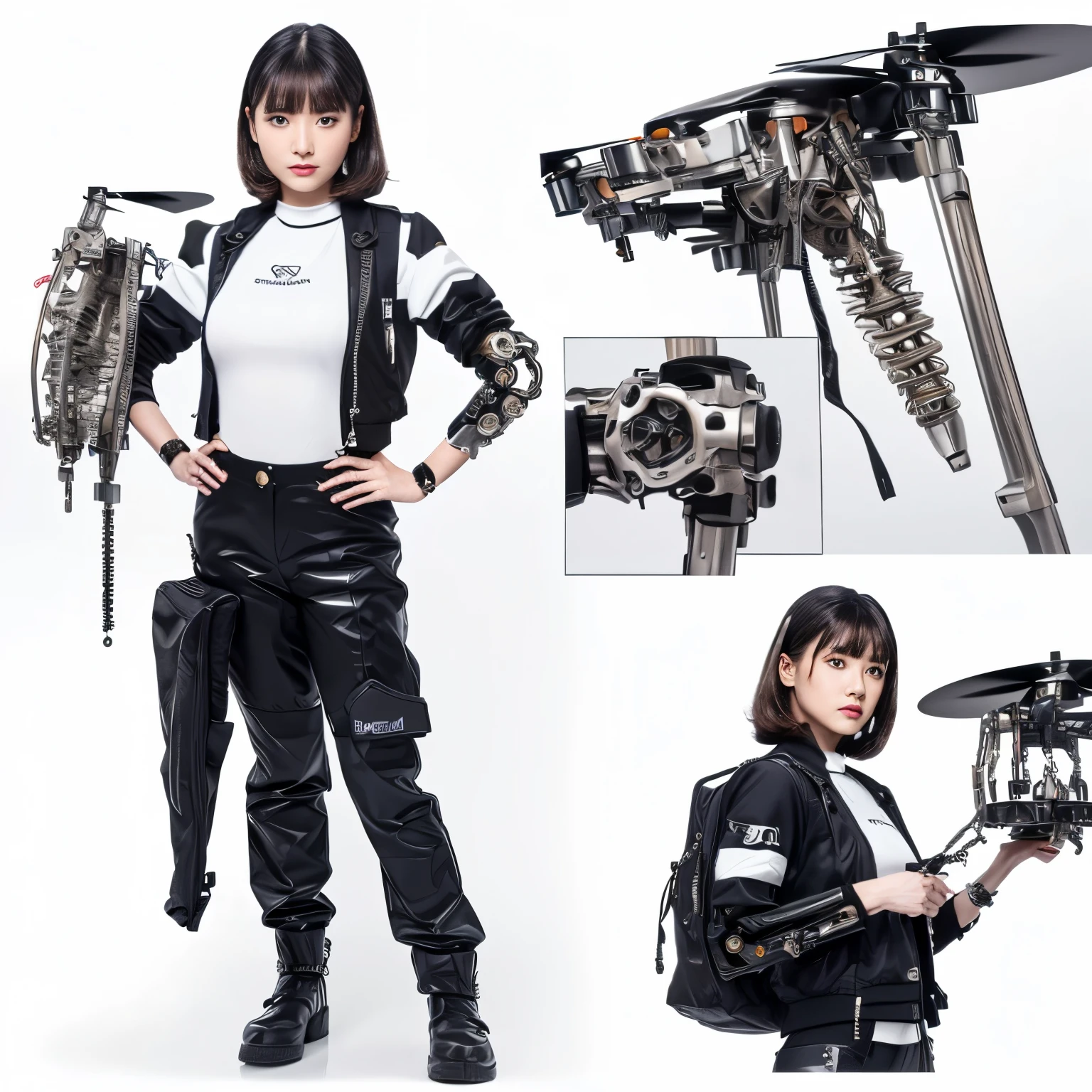 ((masterpiece)),(((best quality)),(character design sheet, same character, front, side), illustration, 1 girl, hair color, fax hairstyle, eyes, room change scene, Fax, Zitai pose, Female, Shangyi Shirt, Star, Charturnbetalora,bandaid on face,watch(mechanical neck) high-end fashion photoshoot, concept photoset, profile photo, editorial fashion photography, full body portrait photo, wearing space techwear, ((mechanical limbs)) drone, anatomically correct, sharp image, open jacket, chain, purse, backpack, buttons, finely detailed, masterpiece, cyberpunk style (single background, white background: 1.3), --6