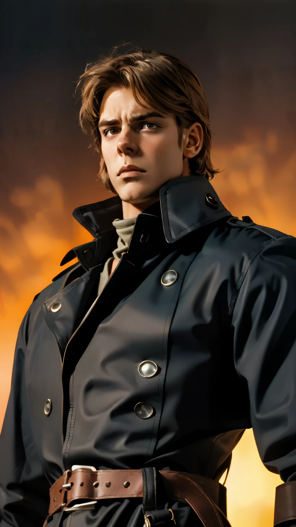 A man with short sandy brown hair, long side-parted bangs, a melancholic gaze, a troubled expression, pale skin, a fantasy-style gray trench coat with a large collar, under which lies leather chest armor, a black belt, worn-out yellowish shoulder pads and wrist guards, utility trousers, the backdrop of a mountain wilderness at night, this character embodies a finely crafted fantasy-style adventurer in anime style, exquisite and mature manga art style, high definition, best quality, highres, ultra-detailed, ultra-fine painting, extremely delicate, professional, perfect body proportions, golden ratio, anatomically correct, symmetrical face, extremely detailed eyes and face, high quality eyes, creativity, RAW photo, UHD, 32k, Natural light, cinematic lighting, masterpiece-anatomy-perfect, masterpiece:1.5