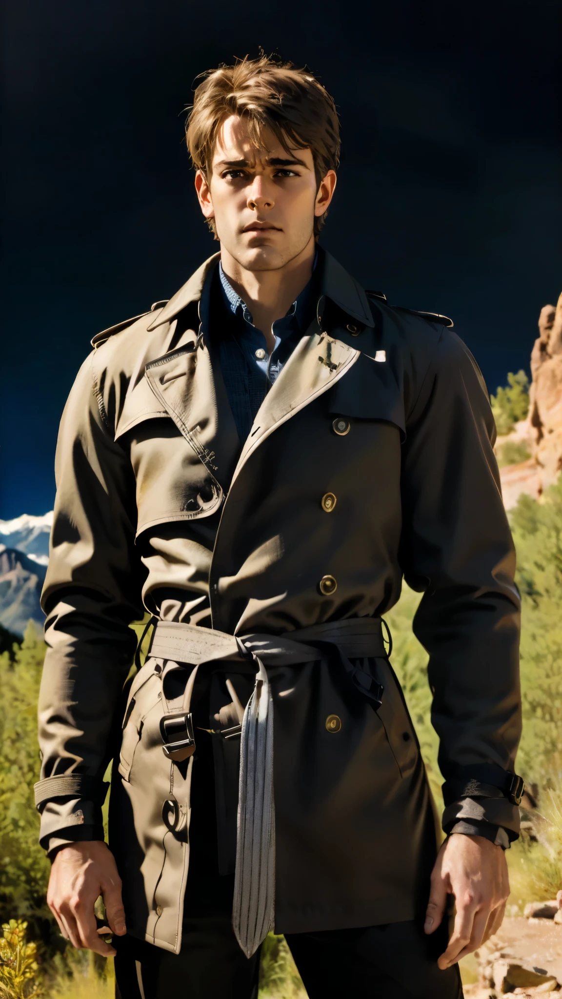 A man with short sandy brown hair, long side-parted bangs, a melancholic gaze, a troubled expression, pale skin, a fantasy-style gray trench coat with a large collar, under which lies leather chest armor, a black belt, worn-out yellowish shoulder pads and wrist guards, utility trousers, the backdrop of a mountain wilderness at night, this character embodies a finely crafted fantasy-style adventurer in anime style, exquisite and mature manga art style, high definition, best quality, highres, ultra-detailed, ultra-fine painting, extremely delicate, professional, perfect body proportions, golden ratio, anatomically correct, symmetrical face, extremely detailed eyes and face, high quality eyes, creativity, RAW photo, UHD, 32k, Natural light, cinematic lighting, masterpiece-anatomy-perfect, masterpiece:1.5