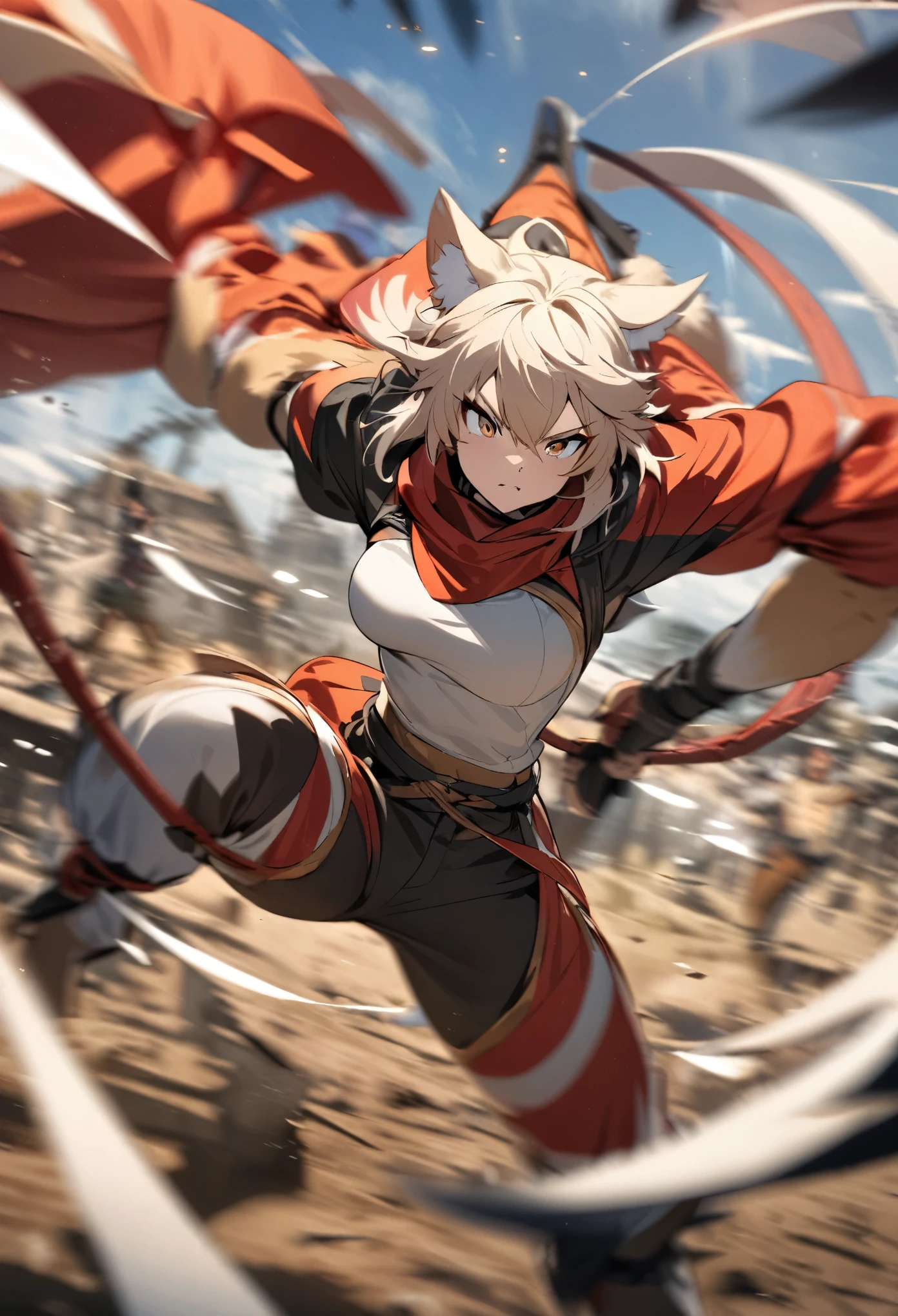 top quality, high-quality illustrations((masterpiece))depth of field, motion blur, absurdres, Perfect Anatomy, magnificent picture of kemono fighting fierce battles, kemono, Anthro((dramatic))epic, weapon, Acrobat, One scene of movie,
