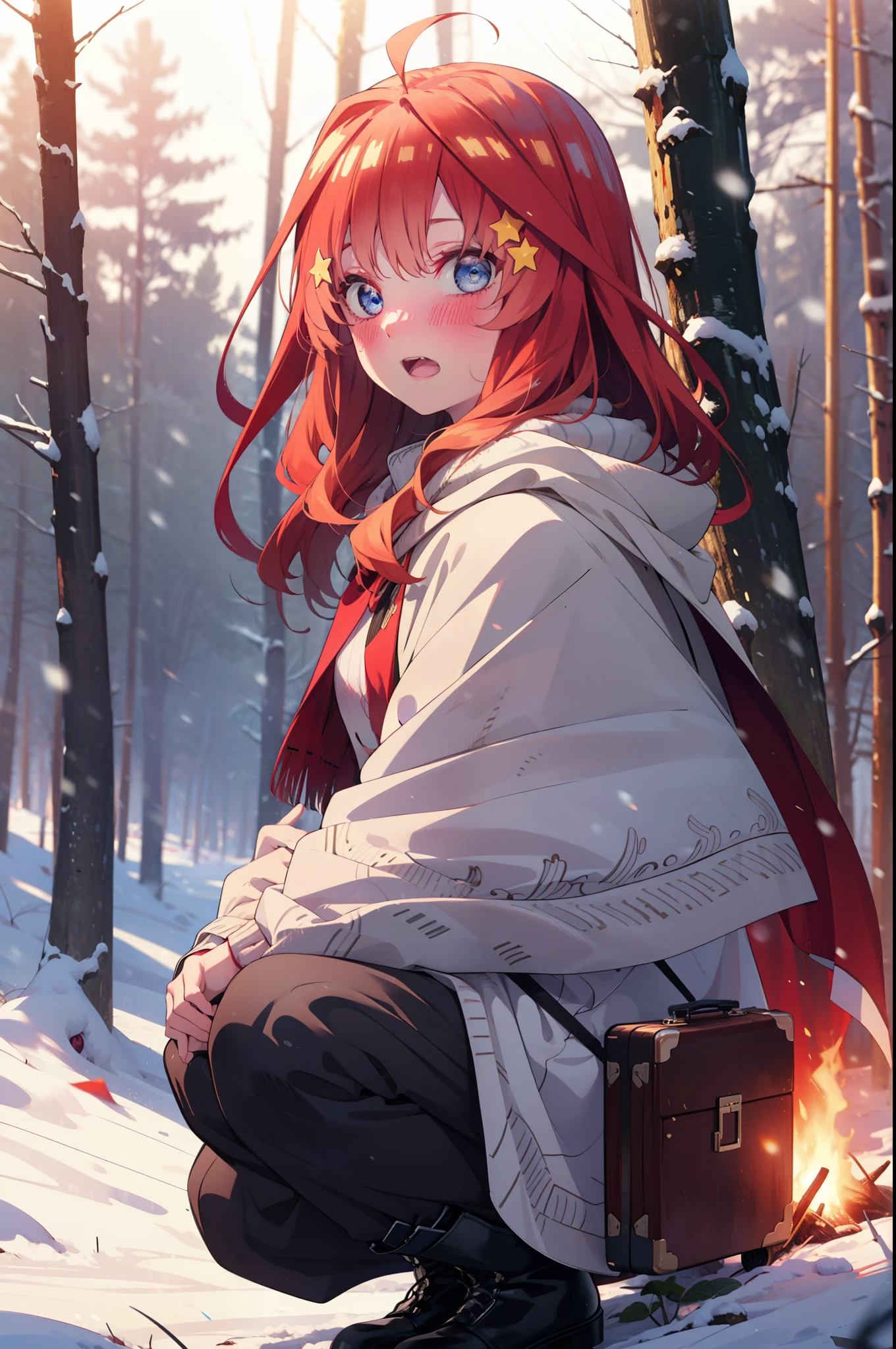 itsukinakano, Itsuki Nakano, bangs, blue eyes, Hair between the eyes, Ahoge, Redhead, star \(symbol\), hair ornaments, star hair ornaments,smile,blush,White Breath,
Open your mouth,snow, fire, Outdoor, boots, snowing, From the side, wood, suitcase, Cape, Blurred, Increase food, forest, White handbag, nature,  Squat, Mouth closed, フードed Cape, winter, Written boundary depth, Black shoes, red Cape break looking at viewer, Upper Body, whole body, break Outdoor, forest, nature, break (masterpiece:1.2), highest quality, High resolution, unity 8k wallpaper, (shape:0.8), (Beautiful and beautiful eyes:1.6), Highly detailed face, Perfect lighting, Extremely detailed CG, (Perfect hands, Perfect Anatomy),
