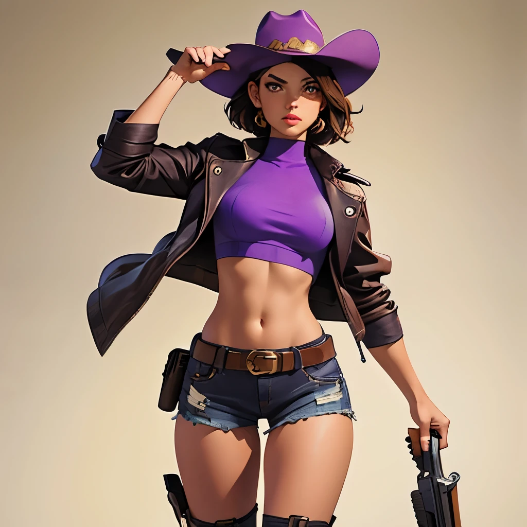 masterpiece, best quality, masterpiece, godlike quality, godlike art, digital illustration of female gunslinger. (((gold eyes))), short black hair. ((purple cowboy hat)), cowboy boots, brown leather jacket with sleeves rolled up, (purple bustier), hot pants, gun holster.