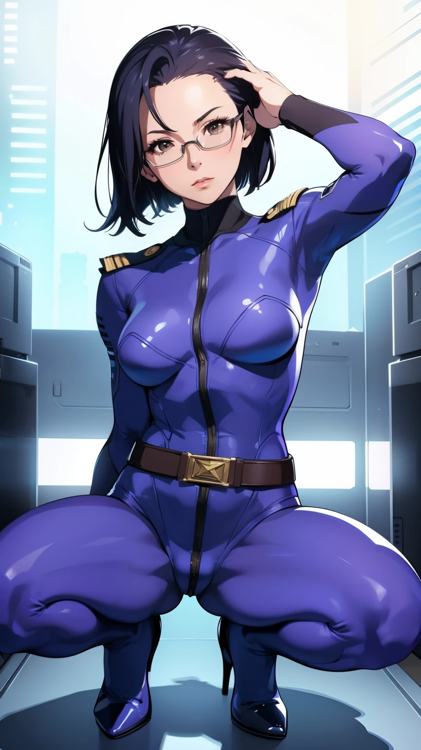 (masterpiece, best quality:1.2),(photoreal)perfect anatomy,solo, 1 middle woman, Niimi Kaoru,(looking at viewer),((saggy small breasts)),((muscular)),((do not hide your crotch)),((do not show your skin)),(cod lips),holding head high,squatting,bending knees upright,spreading legs wide,hands on head,hairclip, glasses,((full covered body suit)),jump suit, uniform, high heel,belt