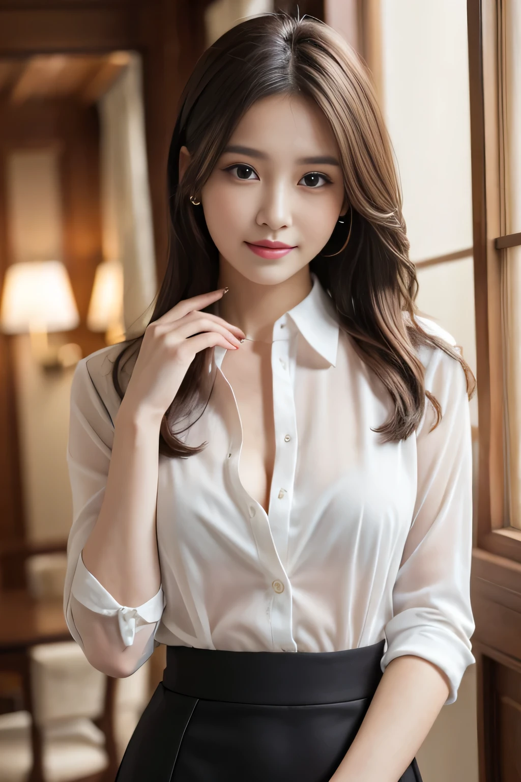 Tabletop, highest quality, Realistic, Very detailed, finely, High resolution, 8k wallpaper, One beautiful woman,, Light brown messy hair, He is wearing a black see-through dress shirt with an open collar....., Sharp focus, Perfect dynamic composition, Beautiful and detailed, Thinning hair, Detailed Realistic skin texture, smile, Close-up portrait, Model Body Type、president'secretary、mini skirt、High heels、
