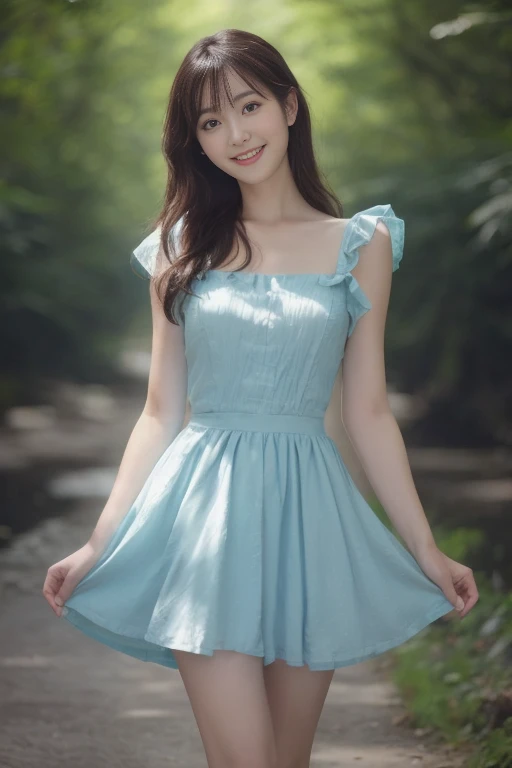 film portrait photography, 1girl, bare shoulders, wavy shoulder-length hair, serene, calm, (realistic detailed eyes, natural skin texture, realistic face details), soft dramatic lighting, depth of field, bokeh, vibrant details, finely detailed, hyperrealistic, 35mm film, hazy blur, filmg,happy smile, dancing, transparent blue spring dress, riding a bike