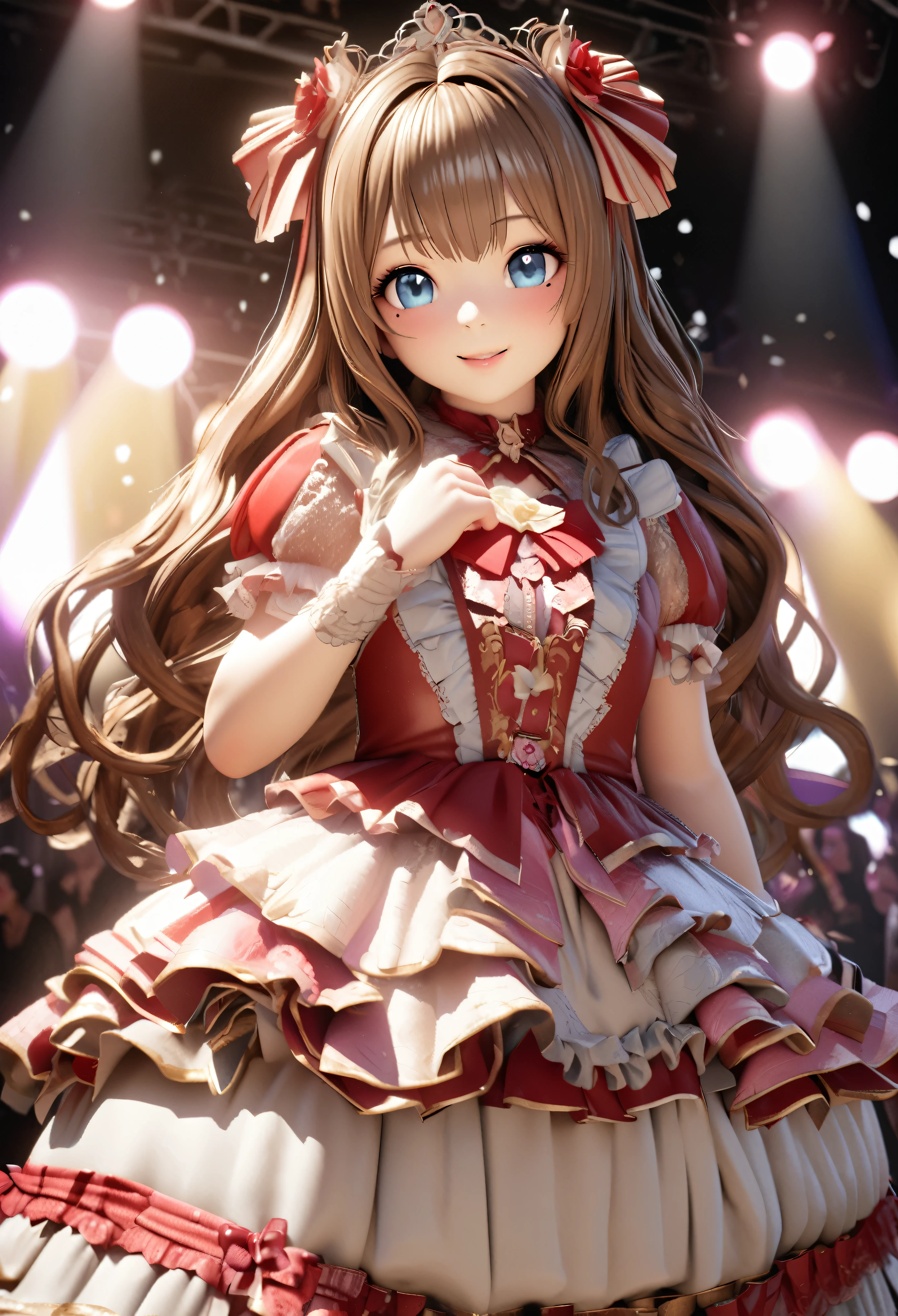 One Girl、Looking at the audience、
Beautiful Blue Eyes、Brown long hair、Mole under the eye、Plump and glossy lips、Heart-shaped choca、Idol、smile、ー、。.。.。.。.。.。.。.。.。.。.。.。.。.。.。.。.。.。.3D、Realistic、
Princess dress with too many frills、Drape clothes、gem、The decoration has been removed、Floral、Lace trim、bright stage、
masterpiece、highest quality、8k、Detailed skin texture、Detailed cloth texture、Beautifully detailed face、Intricate details、Very detailed、
超A high resolution、8K Ultra HD、Film Grain、Best Shadow、delicate、Staring at the audience、front