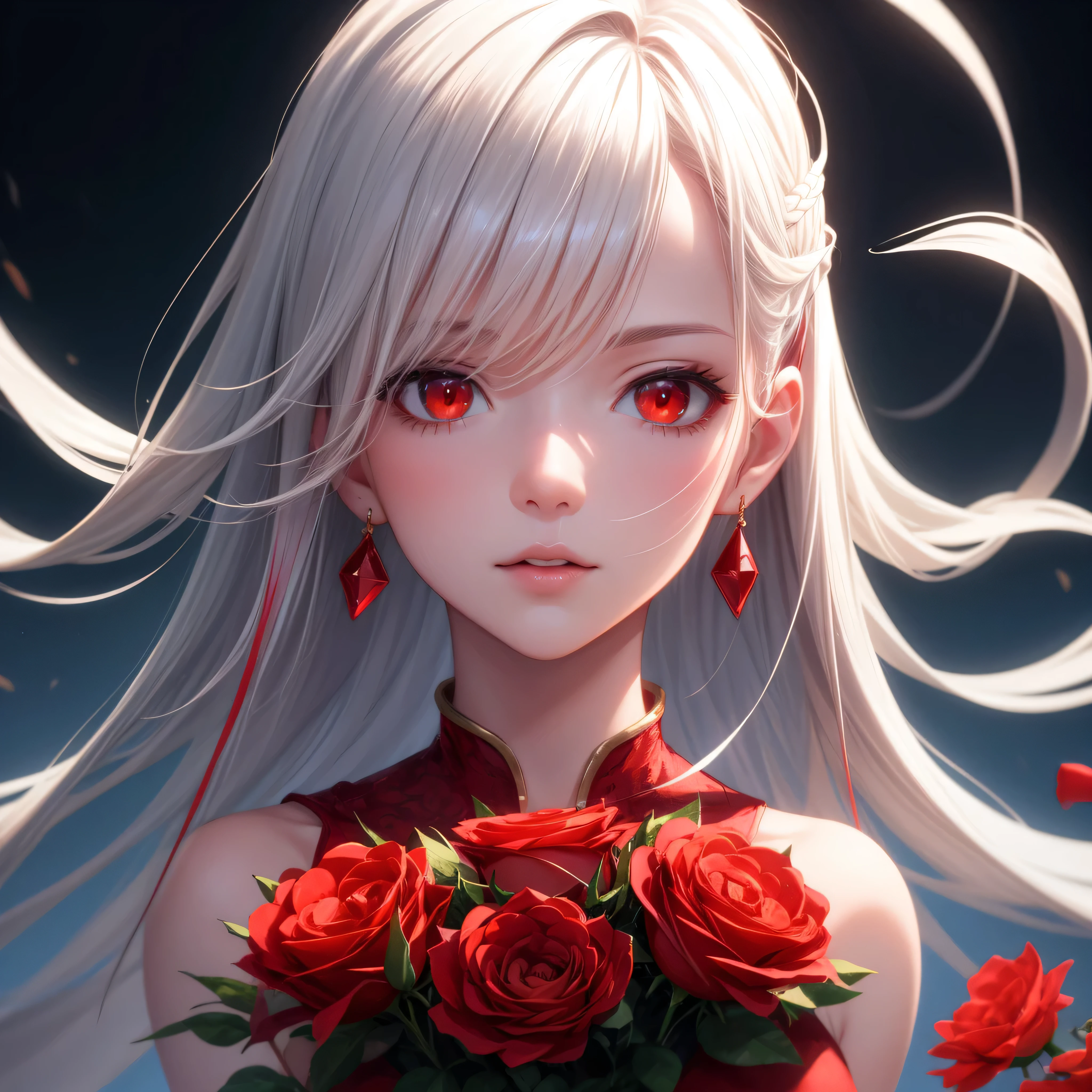 high-quality and visually appealing, (masterpiece), best quality, expressive eyes, perfect face, vampire, red eyes, pale skin, sexy, alluring, dynamic poses, photorealistic, standing, in a castle, starry night background, white-haired woman in a red dress, medium breast, (((red dress))), (((white hair))), front hair cover right eye, ear-tucked side hair, red eyes, over shoulder hair, hair combed to the left side with a red rose hairpin on it, 8 k sensual lighting, soft portrait shot 8 k, gorgeous cinematic lighting, beautiful and cinematic lighting, cinematic lighting photography, cinematic soft lighting, beautiful cinematic lighting, cinematic portrait, bokeh top cinematic lighting, beautiful soft lighting, atmospheric portrait, moody cinematic lighting, soft lighting 8k, portrait soft low light, camera angle from the side, dynamic angle, hairpin,