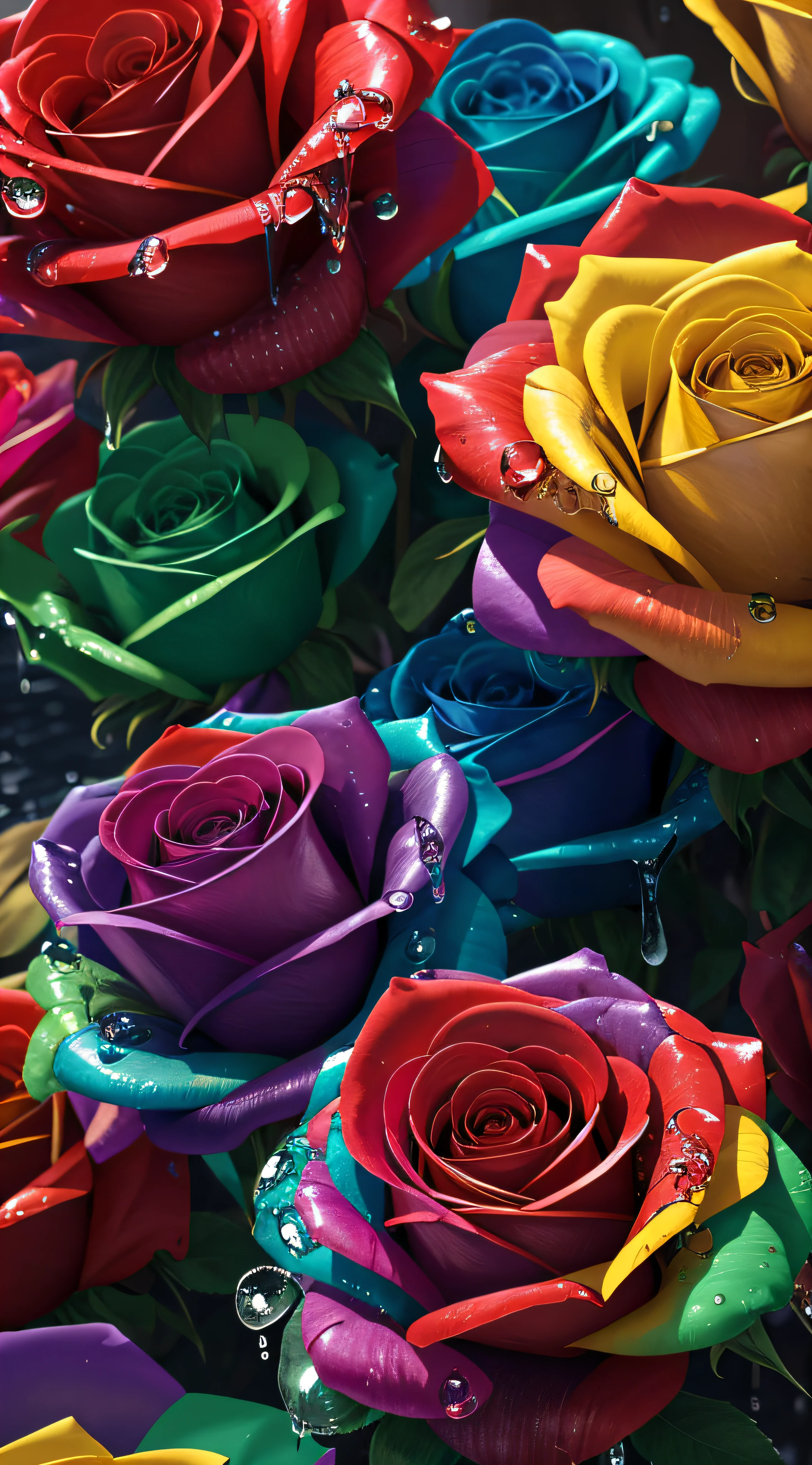 Macro 4K,Rosas multicoloridas,Water dripping