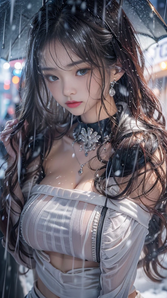 (Realistic:1.5, 16k, highest quality, masterpiece, Ultra-high resolution), ((heavy snow, From below)), Perfect dynamic composition:1.2, (Modern city at night, In front of the supermarket at night, Expressions of sadness:0.9, Bend your knees and squat:0.9), Highly detailed skin and facial textures:1.2, Young Japanese woman getting wet in the rain:1.3, Incredibly slim body:1.2, Fair skin:1.2, Sexy beauty:1.1, Beautiful and aesthetic:1.1, Very beautiful face:1.2, Water droplets on the skin, (The rain drips down on my body:1.2, Wet body:1.2, Wet Hair:1.3), (Wet tight skirt:1.2, Wearing wet formal clothes:1.3), (Shapely large breasts, Chest gap), (Big eyes that exude beautiful eroticism:0.8, Lips that exude beautiful eroticism:0.8), necklace, Earrings, bracelet, wedding ring, Shoulder bag, clock