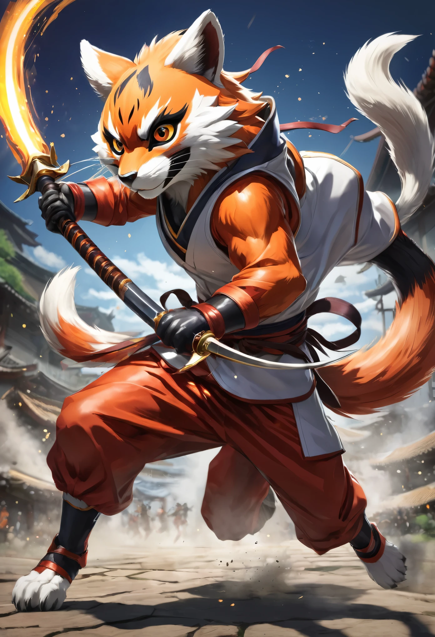 top quality, high-quality illustrations((masterpiece))depth of field, motion blur, absurdres, Perfect Anatomy, magnificent picture of kemono fighting fierce battles, kemono, Anthro((dramatic))epic, weapon, Acrobat, One scene of movie,