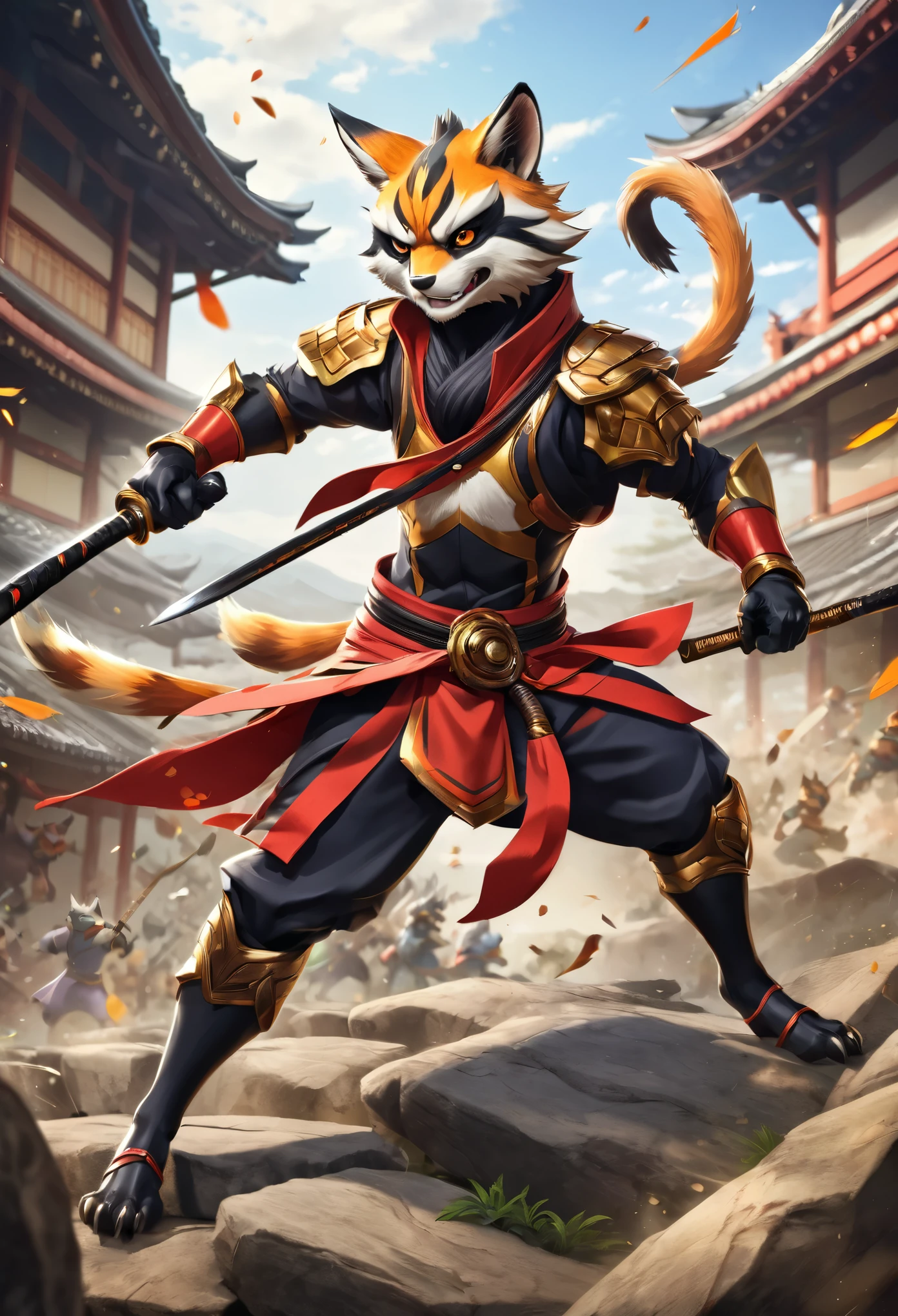 top quality, high-quality illustrations((masterpiece))depth of field, motion blur, absurdres, Perfect ???????, magnificent picture of kemono fighting fierce battles, kemono, Anthro((dramatic))epic, weapon, Acrobat, One scene of movie,