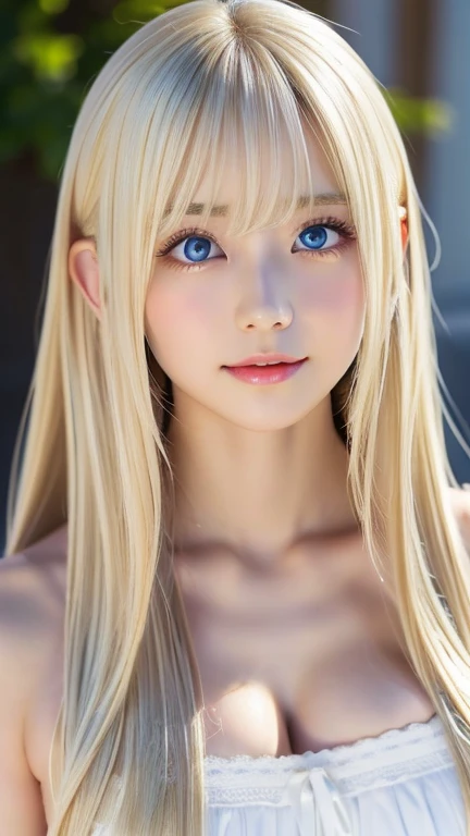 highest quality Shining, clear, white skin、Her windblown blonde hair hides her beautiful face、huge、20 years old cute sexy little beautiful face、Beautiful straight hair that stands out、growing up, Sparkling light blue eyes、long silky bangs that cover cute eyes, Sexy and cute young woman with super long hair hiding her sexy face、Super long, natural platinum blonde shiny hair Beautiful bangs that cover the forehead and reach the eyebrows Beautiful chest whole body Lower Body Overall image Sensual pose They are trying to seduce me. A devilish look peace sign extreme cosplay costumes(Goddess of victory Nikke)Like trying to kiss you with your beautiful lips