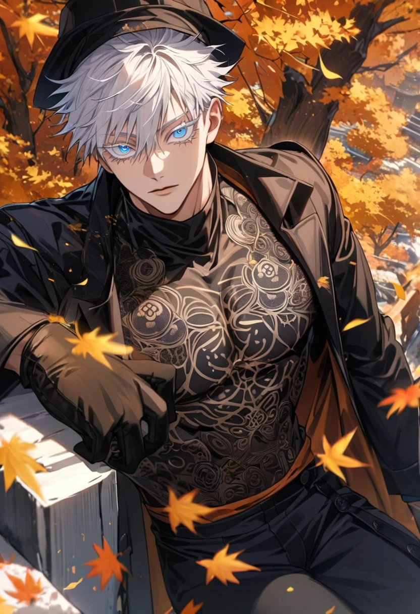 Ultra detailed, Highres, absurdres, Gojo Satoru, white hair with bangs, hair between the eyes, blue eyes, white eyelashes, black long coat with patterns, black hat, Jujutsu Kaisen, autumn, orange and yellow leaves, petals, extremely handsome, sexy man, toned chest, solo, very detailed eyes and face, black pants, black gloves, white tight t-shirt,