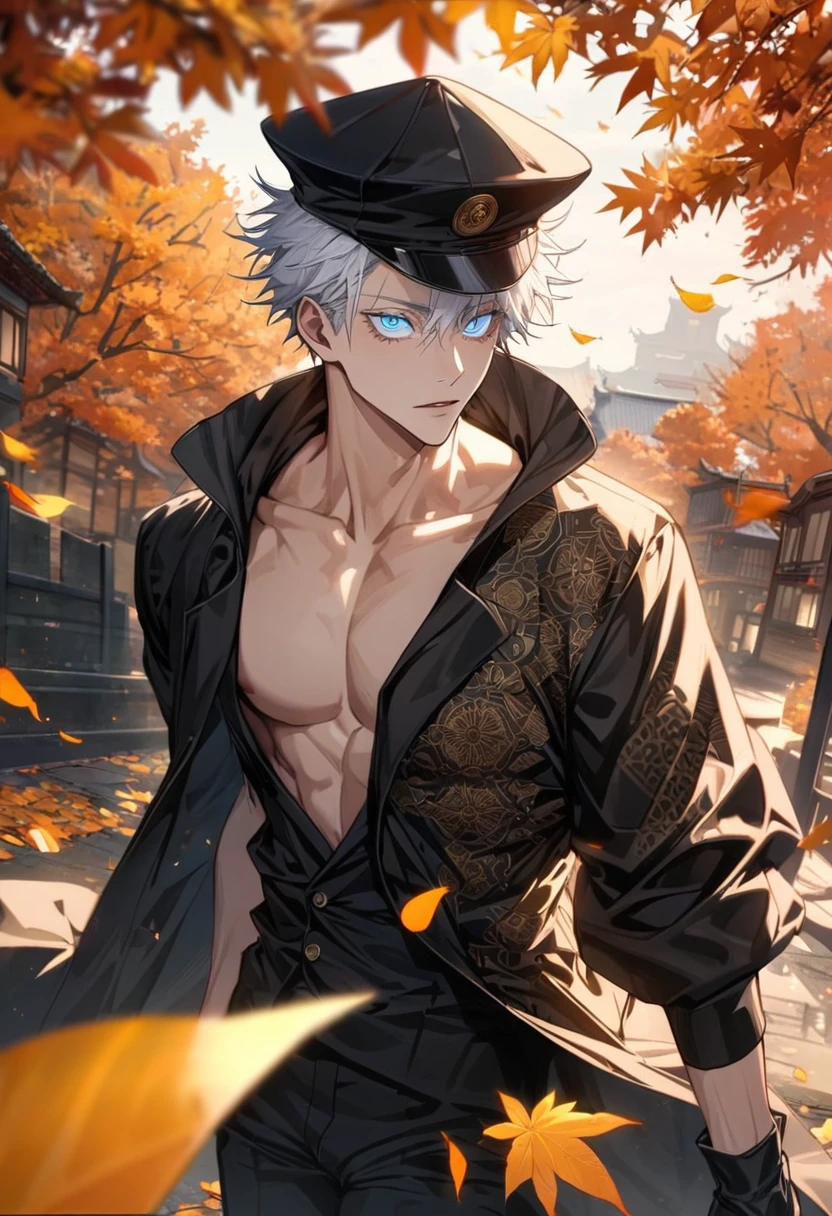 Ultra detailed, Highres, absurdres, Gojo Satoru, white hair with bangs, hair between the eyes, blue eyes, white eyelashes, black long coat with patterns, black hat, Jujutsu Kaisen, autumn, orange and yellow leaves, petals, extremely handsome, sexy man, toned chest, solo, very detailed eyes and face, black pants, black gloves, white tight t-shirt,