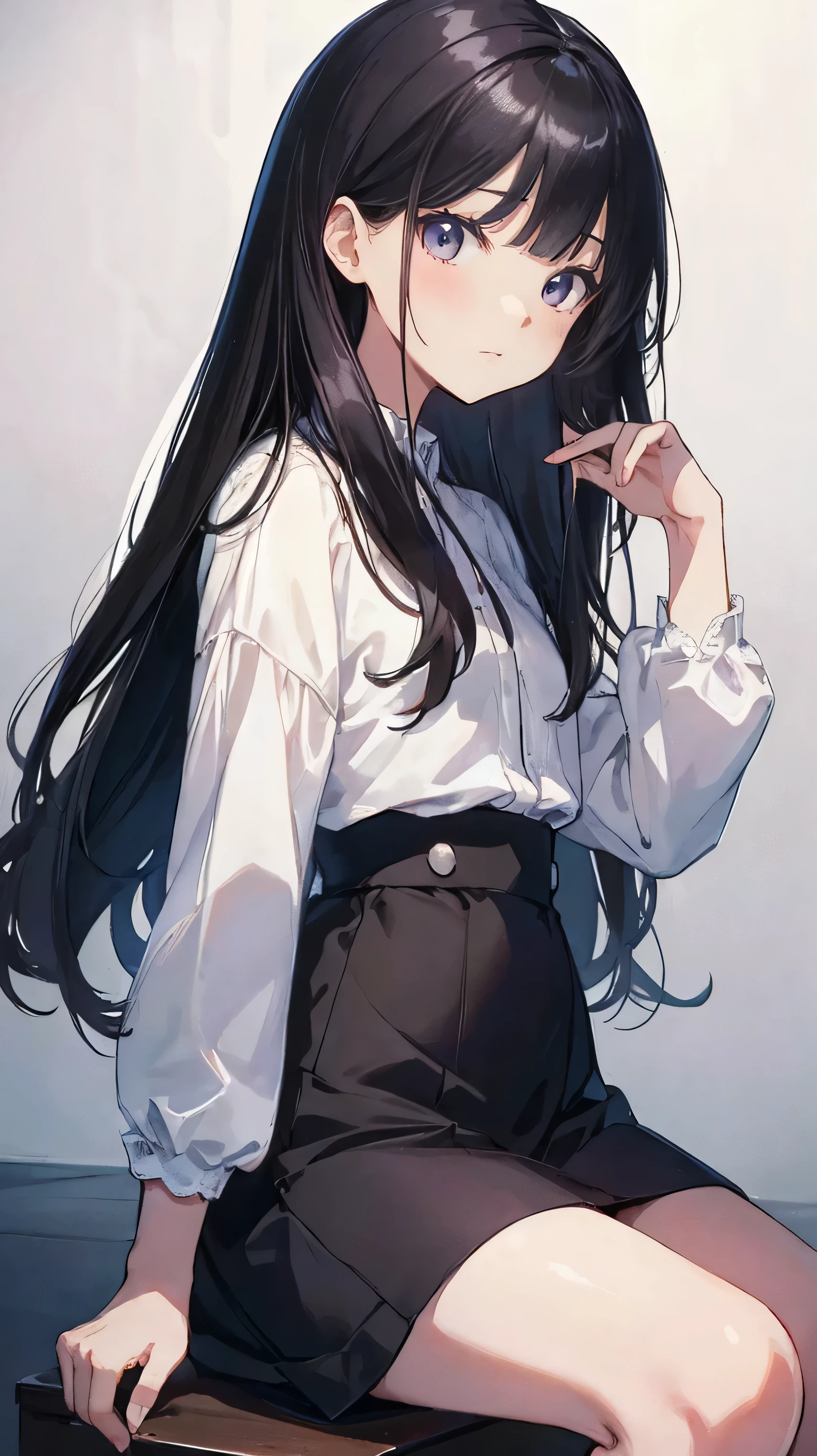 Masterpiece、Highest quality、highest quality、Black Hair、(((Lori)))、 ((Petite))、Shiny hair quality、Small face、Sitting、Super detailed, beautiful, wide eyes、Ultra-detailed, clear and beautiful faces、(cute illustration:1.2), High-resolution, ultra-detailed, best quality, embarrassed