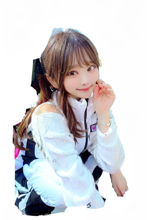 High resolution, highest quality, Perfect dynamic composition, Beautiful details, Off the shoulder、Shiny Hair、Medium Hair, Natural color lip, university student、Harajuku、smile、squat、M-shaped feet,astro vest:3