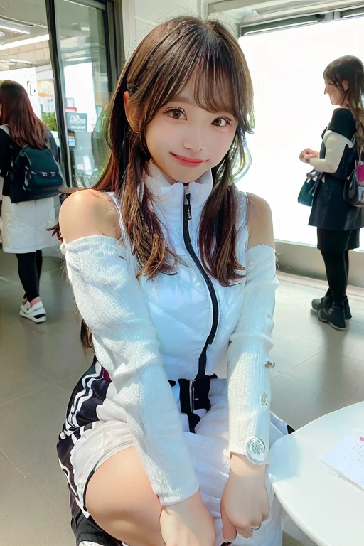 NSFW,highest quality,excellent details,ultra high resolution,A cute idol with perfect style,17 years old,smile,light brown hair,Highly detailed face and skin texture,double eyelid,light blue,long sleeve idol costume,thighs,high socks,Outdoor Concert,raise your knees,sit