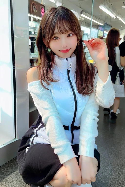 High resolution, highest quality, Perfect dynamic composition, Beautiful details, Off the shoulder、Shiny Hair、Medium Hair, Natural color lip, university student、Harajuku、smile、squat、M-shaped feet,astro vest:3