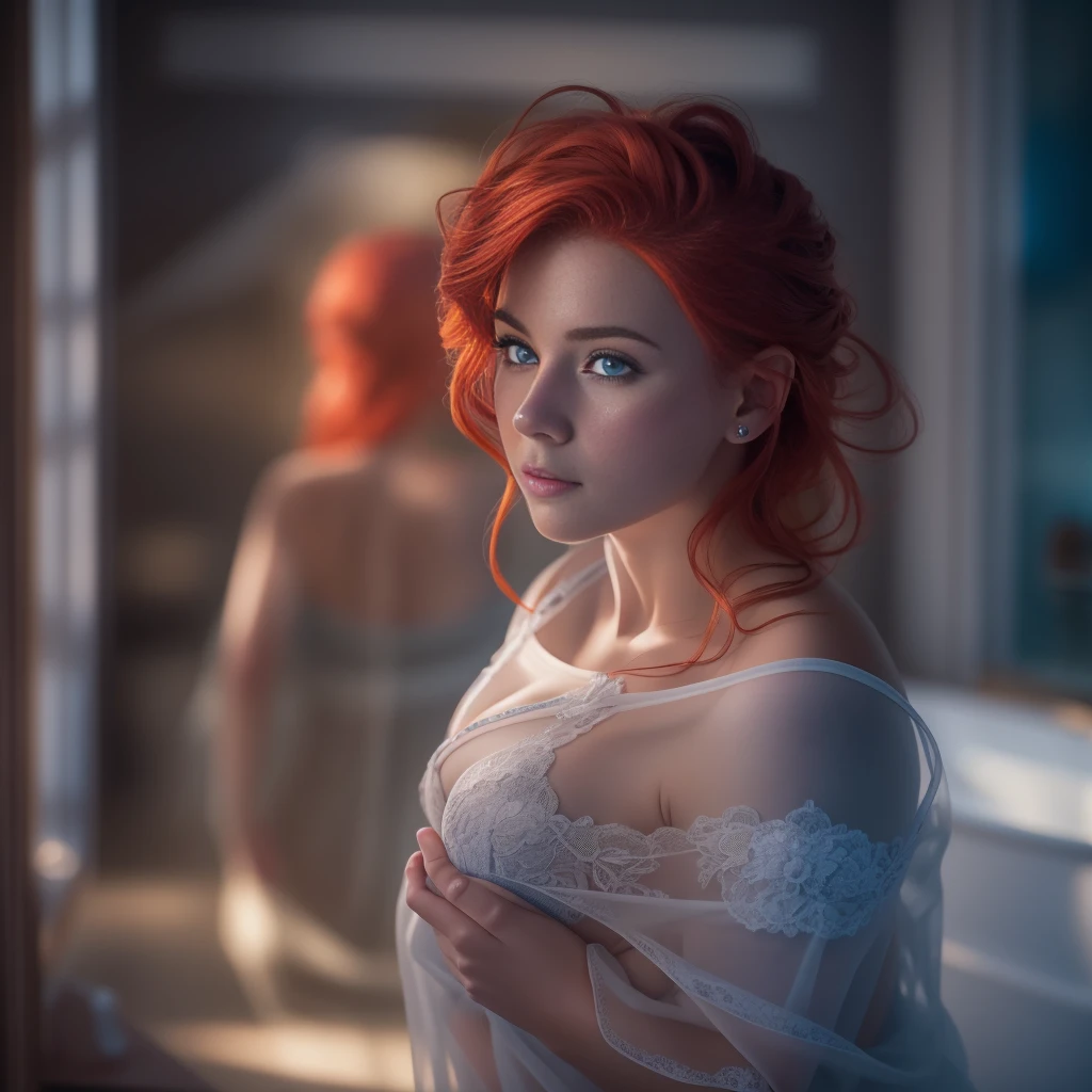 a 25 year old girl, em topless, with small breasts, leaning out of the window of her rustic house in Provence. É natta e o Quarto escuro, natta. She is illuminated by the dim street light. Dog on the street She has curly red hair, below the shoulders. nebula filter, styled by photographer David Hamilton