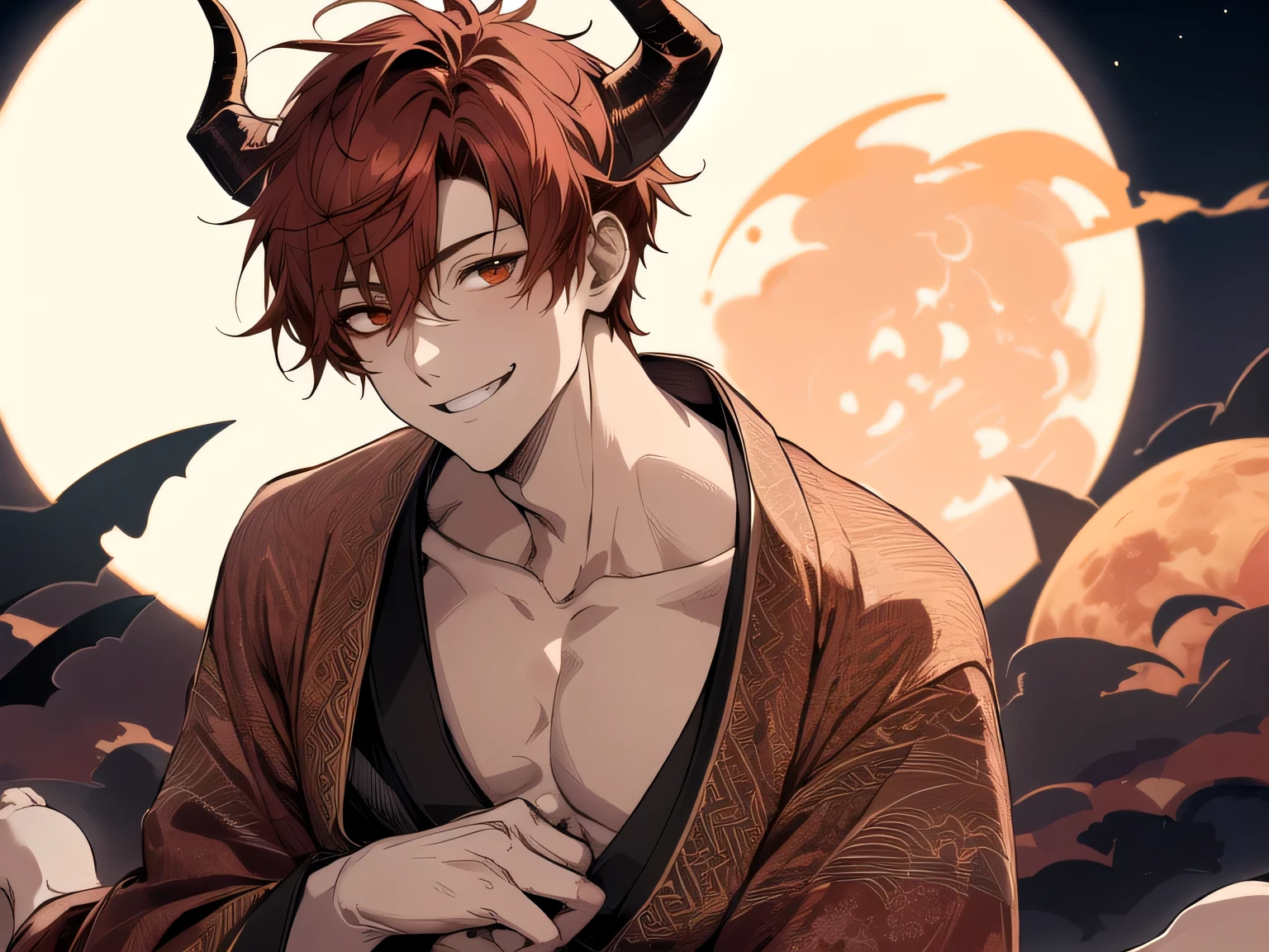 Brown-haired minotaur eating beef　Blue-eyed young man　　Cow horn　Cow earless