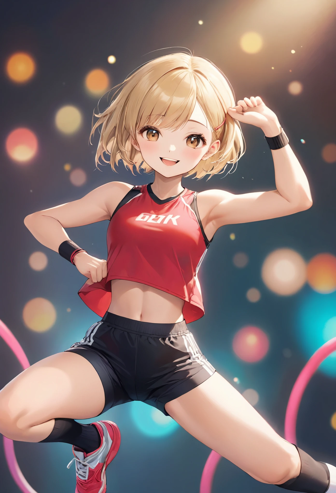 (highest quality,4K,8k,High resolution,masterpiece:1.2),Very detailed,(Realistic,photoRealistic,photo-Realistic:1.37),whole body,Beautiful fine details,beautiful lip detail,Very detailed目と顔,Long eyelashes,lean and fit body,A confident smile,Cheerful pose,attractive appearance,Colorful background,Vibrant colors,Studio Lighting,Bokeh,Women Artists,15-year-old girl,Professional,Short blonde bob hair,((Forehead Band)),Aerobics Instructor,Grin,Sweat,Active lifestyle,Sporty look,Play sports often,Shorts,((socks,レースアッProfessionalングブーツ)),Flexible movement,Slender body,Shiny texture,Sculpted figures,A progressive fitness environment,Positive attitude,Healthy shine,Fitness Motivation,Personal trainer