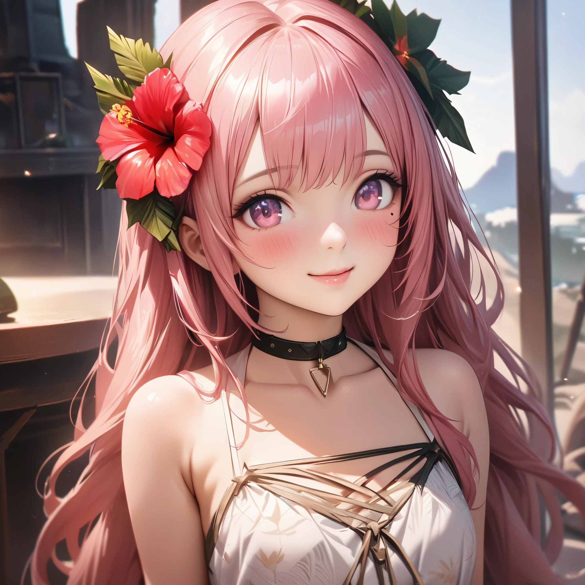 masterpiece, higst quality, highly detailed, high resolution, an high resolution, high resolution, 4k, 8k, unity 8k wallpaper, highly detailed cg, masterpiece, realistic, beautiful detail, depth, fine texture, hig hisst st quality: 1.3, total concentration, crisp skin, him, very cute anime, cute like an idol, tall pink long hair, one girl, Hawaiian dress, greeting, hibiscus hair accessory, smile, long pink hair, whole body , Mole under his eye, line sight, high, blush, lips parted, he art, pink eyes, choker