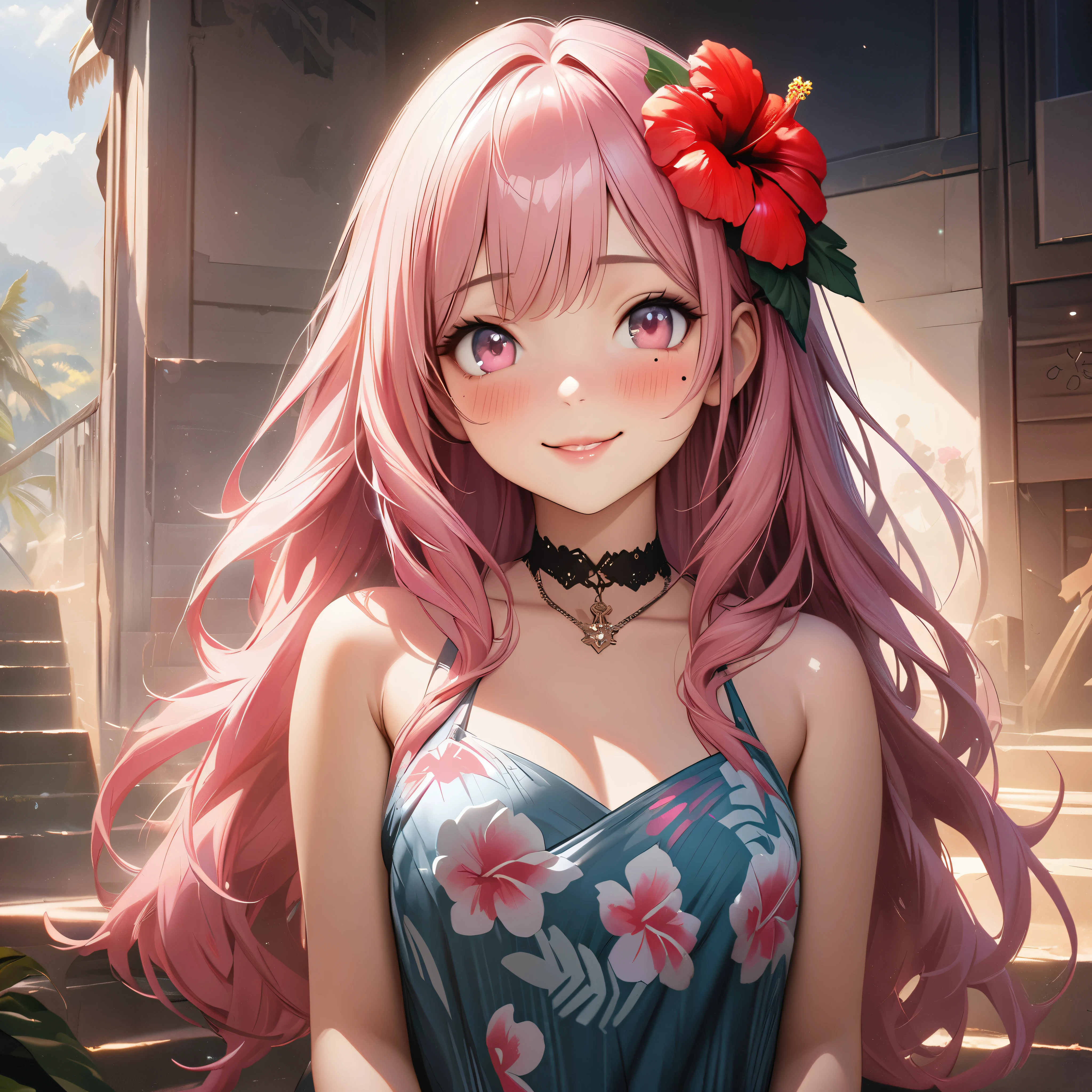 masterpiece, higst quality, highly detailed, high resolution, an high resolution, high resolution, 4k, 8k, unity 8k wallpaper, highly detailed cg, masterpiece, realistic, beautiful detail, depth, fine texture, hig hisst st quality: 1.3, total concentration, crisp skin, him, very cute anime, cute like an idol, tall pink long hair, one girl, Hawaiian dress, greeting, hibiscus hair accessory, smile, long pink hair, whole body , Mole under his eye, line sight, high, blush, lips parted, he art, pink eyes, choker