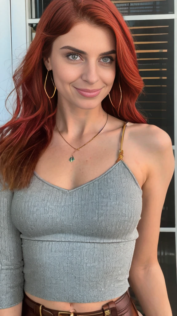 1woman 25 years old, solo, long red hair, navel, cleavage, bare shoulders, detailed eyes, shy smile,jewelry, medium breasts, earrings,necklace, bracelet, lips, armlet,midi leather dress,pantyhose