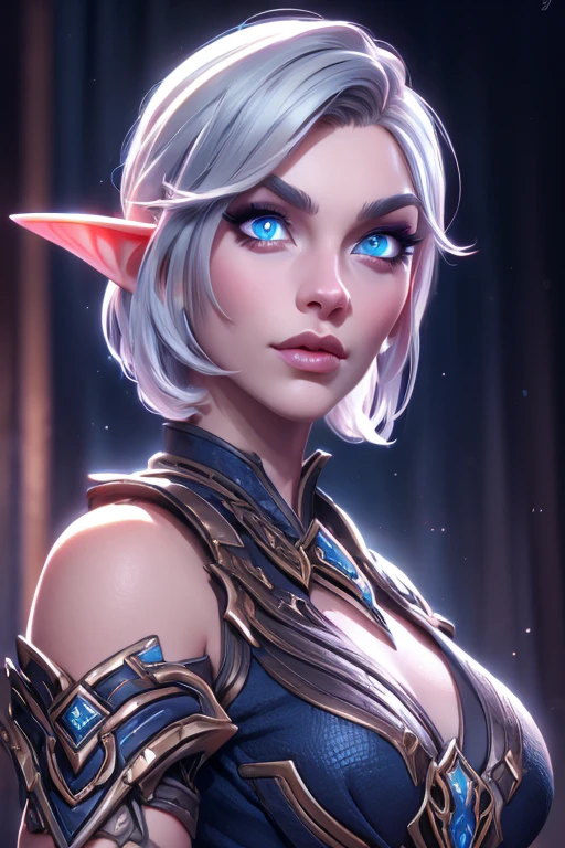 beautiful portait of dark elf female in her 20s with fit body , perfect face feature , (blunt bob short hair), (silver hair color), (blue eyes color), thick kissable lips , thin nose ,pointy ears