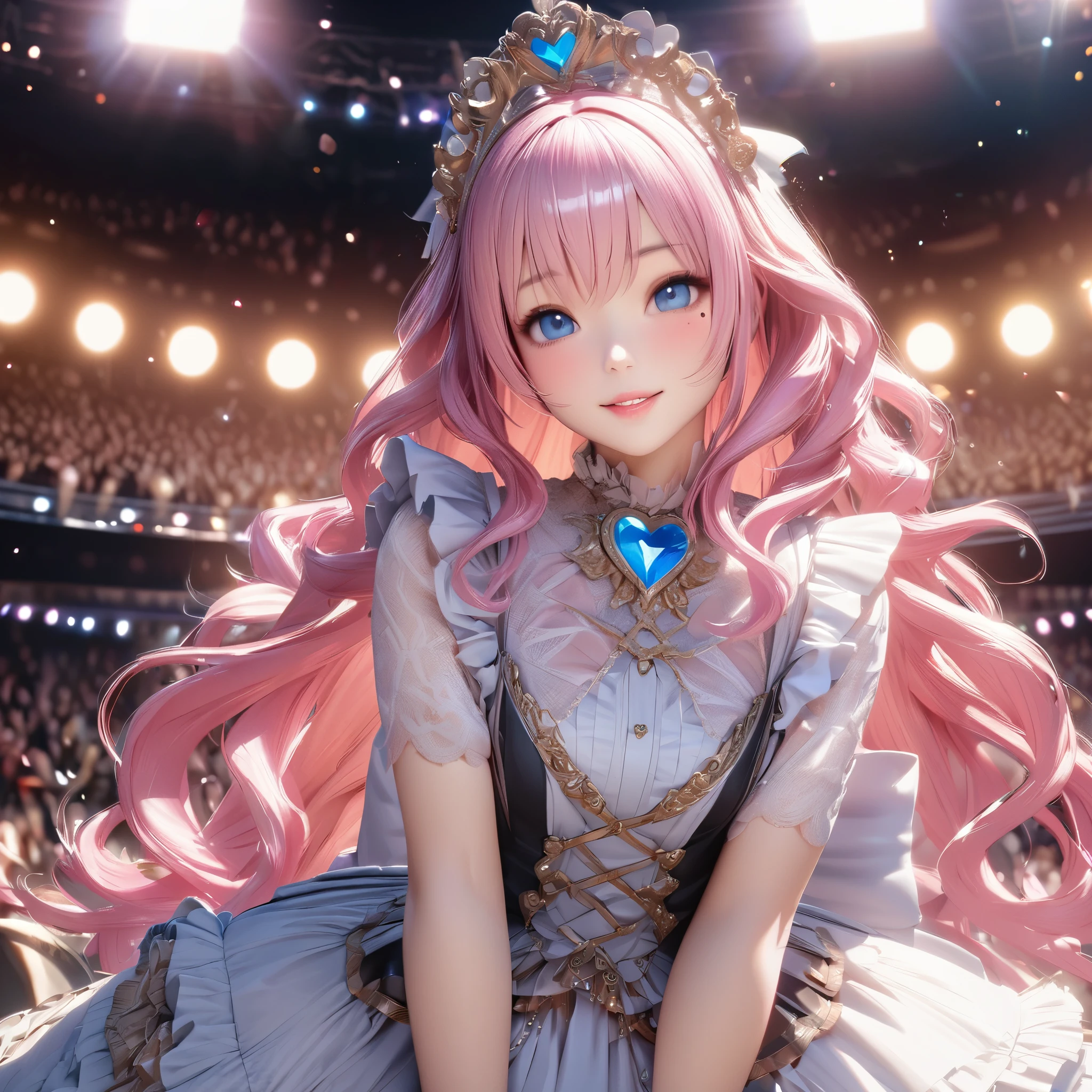 One Girl、Looking at the audience、
Beautiful Blue Eyes、Long hair with pink hair、Mole under the eye、Plump and glossy lips、Heart-shaped choca、Idol、smile、ー、。.。.。.。.。.。.。.。.。.。.。.。.。.。.。.。.。.。.3D、Realistic、
Princess dress with too many frills、Drape clothes、gem、The decoration has been removed、Floral、Lace trim、bright stage、
masterpiece、highest quality、8k、Detailed skin texture、Detailed cloth texture、Beautifully detailed face、Intricate details、Very detailed、
超A high resolution、8K Ultra HD、Film Grain、Best Shadow、delicate、Staring at the audience、front