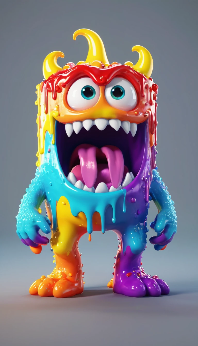 My world style rainbow monster,Mouth full of paint, Cute 3d rendering, Character covered in liquid, Rendering in Cinema 4D octane, Blender Art, Cinema 4d colorful rendering, Very detailed happy photo, rendered in cinema4d, Rendering in Cinema 4D, Color octane rendering, 3D Illustration, 3D Illustration, Stylized as 3D rendering . Block, Pixelated, Vibrant colors, Recognizable people and objects, game assets