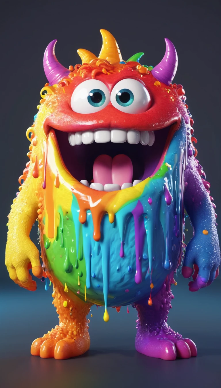 My world style rainbow monster，Mouth full of paint, Cute 3d rendering, Character covered in liquid, Rendering in Cinema 4D octane, Blender Art, Cinema 4d colorful rendering, Very detailed happy photo, rendered in cinema4d, Rendering in Cinema 4D, Color octane rendering, 3D Illustration, 3D Illustration, Stylized as 3D rendering . Block, Pixelated, Vibrant colors, Recognizable people and objects, game assets