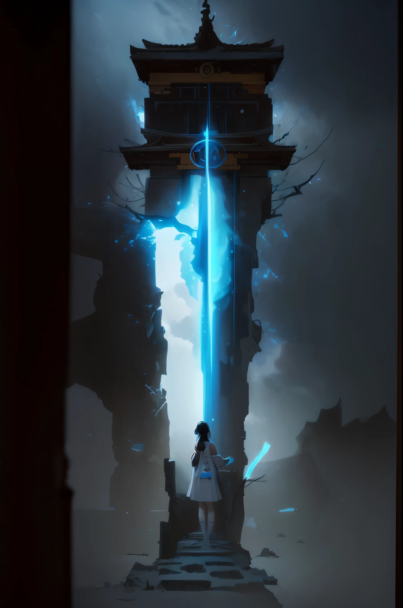 A ultra short small cute but frail girl named Kaga holding a small hunting bow, quiver with arrows on her back, wearing a Japanese school girl uniform, white blouse short blue skirt blue sweater vest, and school insignia, short dark hair, big round brown eyes, standing at the gates of forever, bow and arrows, girlwind chimes, tones of wind, chimes ringing in eternity, dark foreboding planet of sand and ash, hums and chimes with long lost civilizations ghosts, hollows wind, hollow, hallowed, strike the bell, peal the rhyme let lose the thunder on high, crack lightnings whip,digital artwork by Beksinski, traveler through refined beauty and color variation, a peek into the eternal, temple, (torii:1.2), evening, neon lights, futuristic, elegant, glowing, mysterious, meditation, chaos, destruction, storm, scenic, iconic, midjourney, cyberpunk, neo-tokyo, scifi, looking at viewer, light and dark, life and death, 2-tone body, holding large sword, nodf_lora, surrounded by multiple swords stabbed into the ground,kleedef
