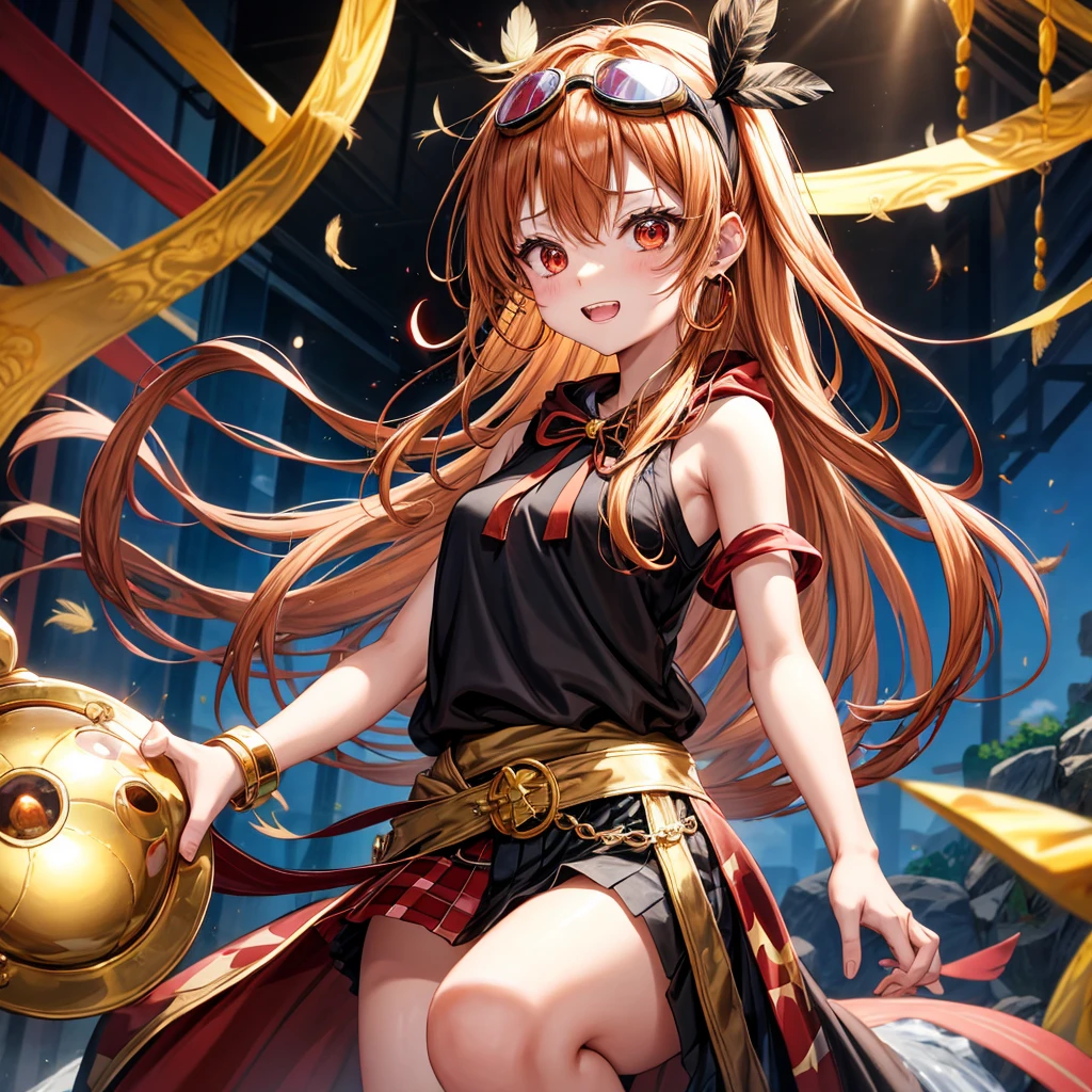 Brown, red, gold, golden hair、Red eyes、One good looking girl、solo、anime、Checkered mini skirt、Black camisole、Black T-shirt、hoodie、Wearing a ribbon、Ribbon on waist、Crystal Earrings、treasure石のネックレス、Light and shadow、Tilting face、Teeth are visible、Marble pillar、waterfall、Kind Face、Kuroko、treasure、wearing goggles on head、Feather coat、tunnel