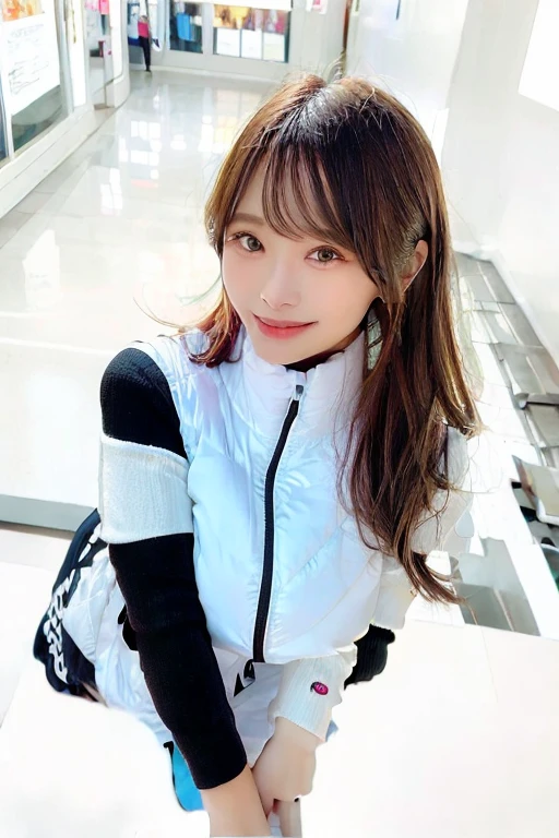 High resolution, highest quality, Perfect dynamic composition, Beautiful details, Off the shoulder、Shiny Hair、Medium Hair, Natural color lip, university student、Harajuku、smile、squat、M-shaped feet,(astrovest):3,(black sleeves):5