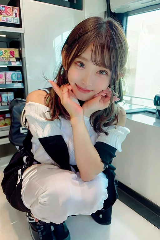 High resolution, highest quality, Perfect dynamic composition, Beautiful details, Off the shoulder、Shiny Hair、Medium Hair, Natural color lip, university student、Harajuku、smile、squat、M-shaped feet,(astrovest):3,(black sleeves):5