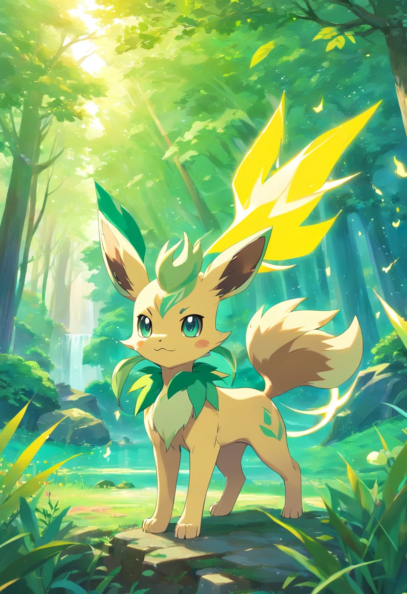 Leafeon, anthro, young, brown eyes, two tone body fur, clear yellow body fur, clear green body fur, brown hands, brown feets, feets whit three toes, detailed body fur, detailed face, detailed eyes, glistering body, shiny body, gorgeous body, masterpiece, high quality, anime style, full body, :3, forest, clear sky, sitting, cute