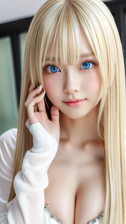 highest quality Shining, clear, white skin、Her windblown blonde hair hides her beautiful face、huge、20 years old cute sexy little beautiful face、Beautiful straight hair that stands out、growing up, Sparkling light blue eyes、long silky bangs that cover cute eyes, Sexy and cute young woman with super long hair hiding her sexy face、Super long, natural platinum blonde shiny hair Beautiful bangs that cover the forehead and reach the eyebrows Beautiful chest whole body Lower Body Overall image Sensual pose They are trying to seduce me. A devilish look peace sign extreme cosplay costumes(Goddess of victory Nikke centimeter)Like trying to kiss you with your beautiful lips