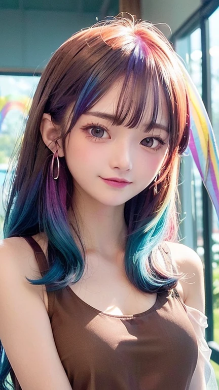 Small face、 (alone:1.5,)Very detailed,Bright colors, Very beautiful detailed anime faces and eyes, Look straight ahead,  Shiny_skin,girl, (((Rainbow Hair, Colorful Hair, Half red、half blue hair: 1.2))), 、Shiny hair, Delicate beautiful face, blush、Glasses、(Turquoise Eyes), , Valletta, Earrings,、Flower Garden、Sunset、(((See-through、sexy、One piece swimsuit、Brown、,Translucent shirt)))、（Twin tails）、smile、Happy Face、face dyed red、Cheerful pose、dynamic、