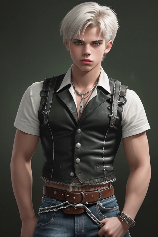  Dylan Playfair 20 year old boy without freckles rubio hair dark military cut black vest Steampunk white shirt green eyes red shirt wolf print complexion muscular athletic slim blue jeans with chains black leather belt silver buckle background of New Orleans at night looking facing the viewer con naris pequeña y orejas pequeñas 