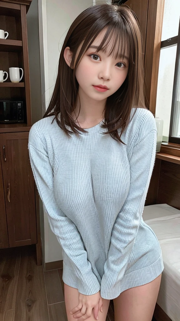 (Best Quality,8K、Photorealsitic,超A high resolution:1.2),(Beautiful face、Cute s),(big sagging breasts:1.5, wide nipple, huge nipple),(Sweaters),(Voluptuous)、(nip slip), small waist, skinny, bob cuts、livingroom