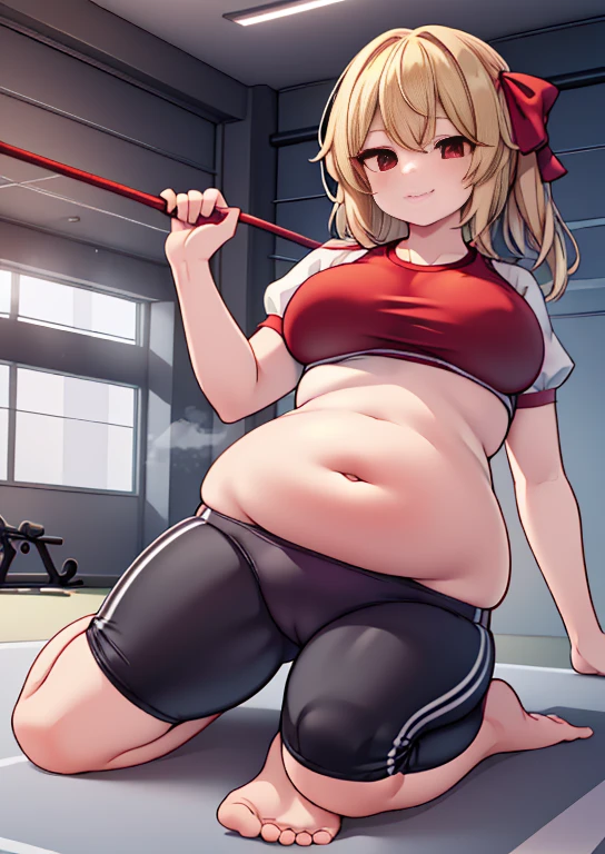 (masterpiece, best quality, highly detailed), 1girls, big belly, huge belly, art by kipteitei, round belly, chubby, curvy, belly grab, enormous belly, fat belly, thicc, bigger belly, really big belly, jiggly belly, glasses, ((((extremely thight gym clothes, ultra thight gym clothes)))), ((cum on belly)), smug face, sitting, ((full body)), long hair, ((dominant)), (giantess), Flandre scarlet