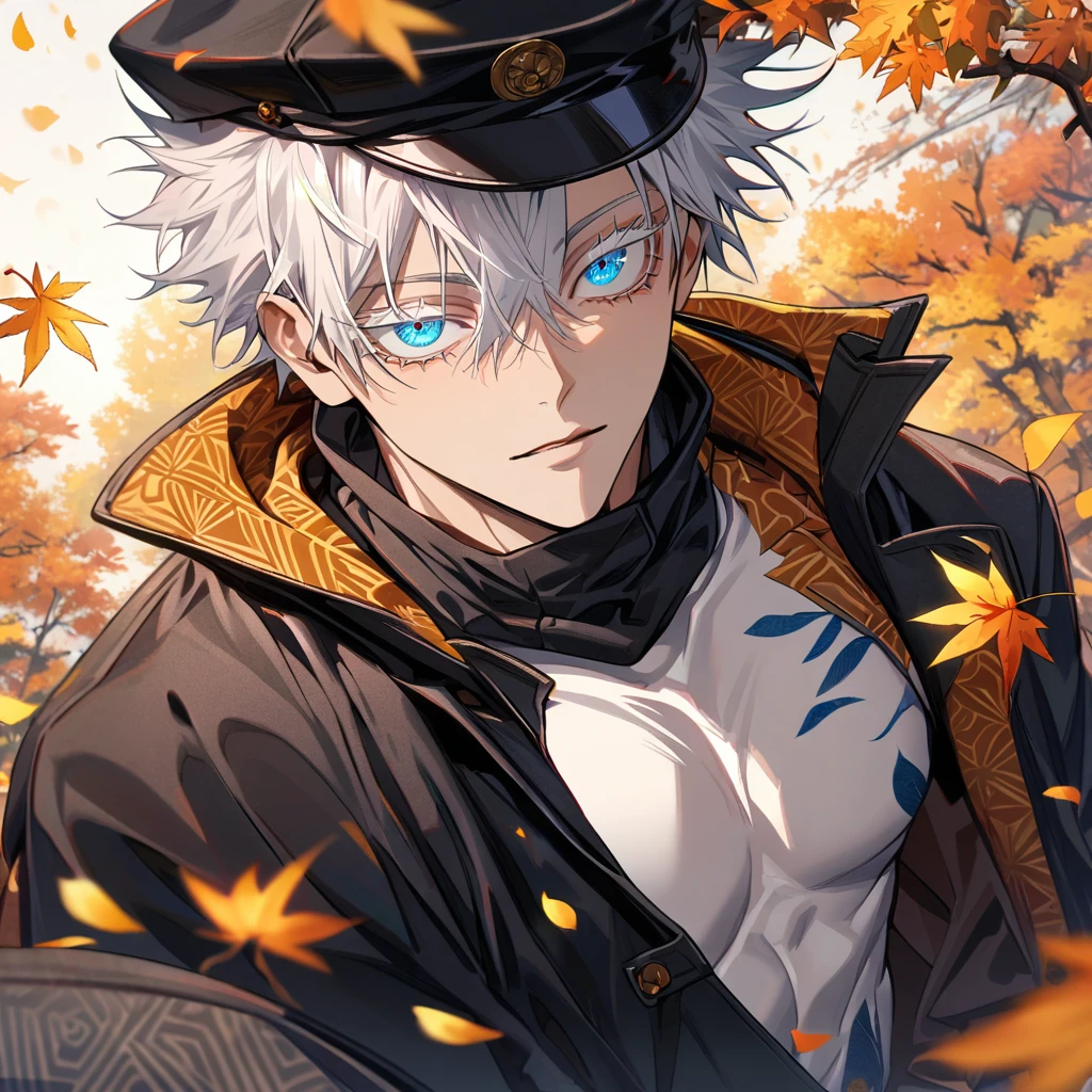 Ultra detailed, Highres, absurdres, Gojo Satoru, white hair with bangs, hair between the eyes, blue eyes, white eyelashes, black long coat with patterns, black hat, Jujutsu Kaisen, autumn, orange and yellow leaves, petals, extremely handsome, sexy man, toned chest, solo, very detailed eyes and face, black gloves, white tight t-shirt,