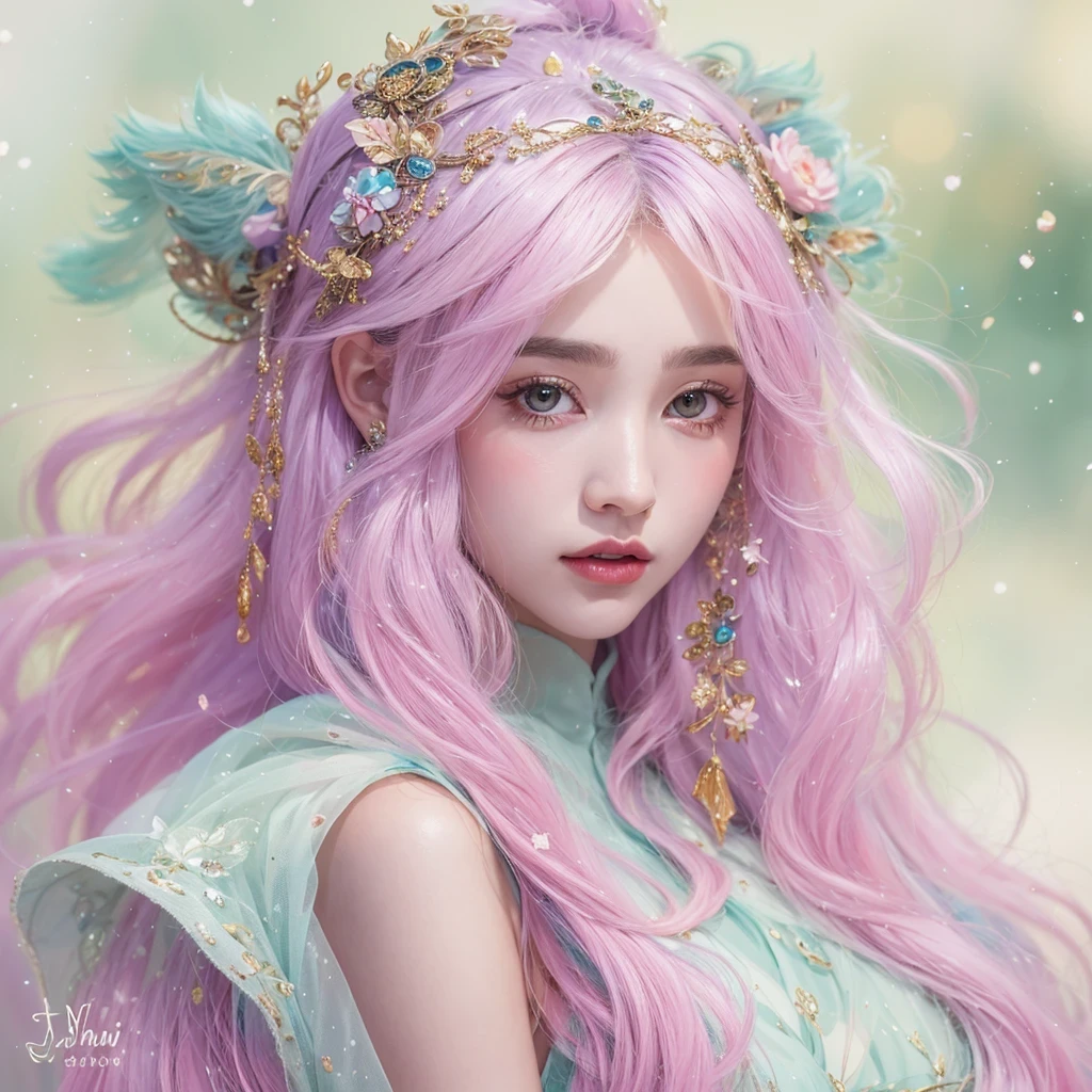 (((Single eyelid)))Snow hoop exclusion area 32K(tmasterpiece,k hd,hyper HD,32K)Long flowing purple-pink hair,Autumn Pond,zydink, a color, Tongzhou people (Girl with glowing eyes), (Thin silk scarf), Side squat position, looking at the ground, long whitr hair, Floating hair, Python headdress, Chinese long-sleeved clothing, (abstract ink splash:1.2), white backgrounid,Lotus protector(realisticlying:1.4),Purple-pink hair,Snowflakes fluttering,The background is pure, A high resolution, the detail, RAW photogr, Sharp Re, Nikon D850 Film Stock Photo by Jefferies Lee 4 Kodak Portra 400 Camera F1.6 shots, Rich colors, ultra-realistic vivid textures, Dramatic lighting, Unreal Engine Art Station Trend, cinestir 800,Long flowing purple-pink hair,((masterpiece)). This artwork is sweet, dreamy and ethereal, with soft pink watercolor hues and candy accents. Generate a delicate and demure fae exploring a (bubblegum world with a wide variety of pastel shades). Her sweet face is extremely detailed and realistic with elegant features and a fierce expression, and looks like ((((naomi scott)))). Include mature features and stunning, highly realistic eyes. Her eyes are important and should be realistic, highly detailed, and beautiful. In high definition and detail, include lots of details like stars, galaxies, colorful bubbles, colorful petals, and lots of energy and emotion! The stars and colorful bubblegum bubbles are important! Include fantasy details, enhanced details, iridescence, colorful glittering wind, and pollen. Pay special attention to her face and make sure it is beautifully and realistically detailed. The image should be dreamy and ethereal.8k, intricate, elegant, highly detailed, majestic, digital photography