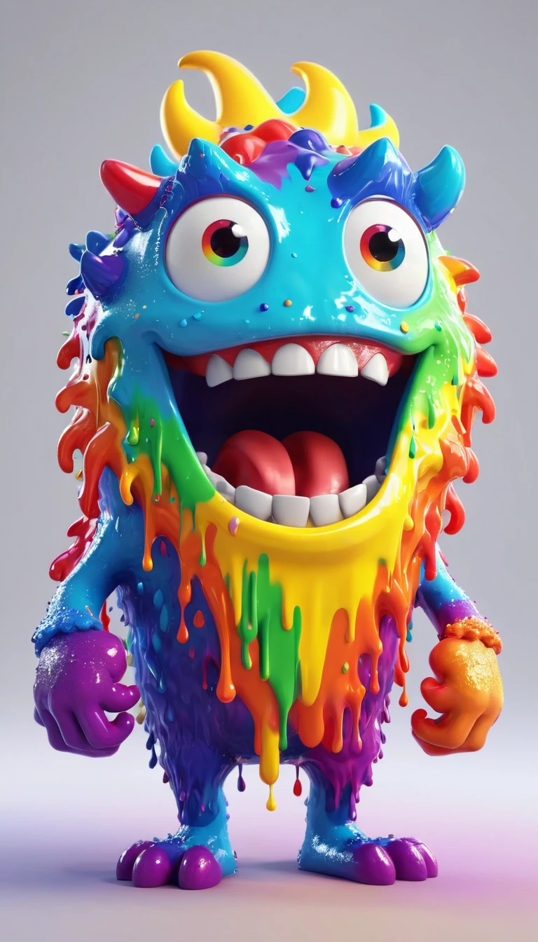My world style rainbow monster，Mouth full of paint, Cute 3d rendering, Character covered in liquid, Rendering in Cinema 4D octane, Blender Art, Cinema 4d colorful rendering, Very detailed happy photo, rendered in cinema4d, Rendering in Cinema 4D, Color octane rendering, 3D Illustration, 3D Illustration, Stylized as 3D rendering . Block, Pixelated, Vibrant colors, Recognizable people and objects, game assets