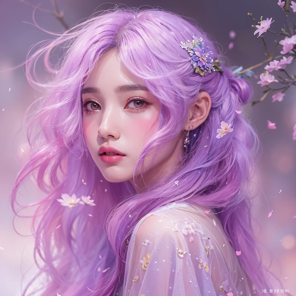 （（（Single eyelid）））Snow hoop exclusion area 32K（tmasterpiece，k hd，hyper HD，32K）Long flowing purple-pink hair，Autumn Pond，zydink， a color， Tongzhou people （Girl with glowing eyes）， （Thin silk scarf）， Side squat position， looking at the ground， long whitr hair， Floating hair， Python headdress， Chinese long-sleeved clothing， （abstract ink splash：1.2）， white backgrounid，Lotus protector（realisticlying：1.4），Purple-pink hair，Snowflakes fluttering，The background is pure， A high resolution， the detail， RAW photogr， Sharp Re， Nikon D850 Film Stock Photo by Jefferies Lee 4 Kodak Portra 400 Camera F1.6 shots, Rich colors, ultra-realistic vivid textures, Dramatic lighting, Unreal Engine Art Station Trend, cinestir 800，Long flowing purple-pink hair，((masterpiece)). This artwork is sweet, dreamy and ethereal, with soft pink watercolor hues and candy accents. Generate a delicate and demure fae exploring a (bubblegum world with a wide variety of pastel shades). Her sweet face is extremely detailed and realistic with elegant features and a fierce expression, and looks like ((((naomi scott)))). Include mature features and stunning, highly realistic eyes. Her eyes are important and should be realistic, highly detailed, and beautiful. In high definition and detail, include lots of details like stars, galaxies, colorful bubbles, colorful petals, and lots of energy and emotion! The stars and colorful bubblegum bubbles are important! Include fantasy details, enhanced details, iridescence, colorful glittering wind, and pollen. Pay special attention to her face and make sure it is beautifully and realistically detailed. The image should be dreamy and ethereal.8k, intricate, elegant, highly detailed, majestic, digital photography