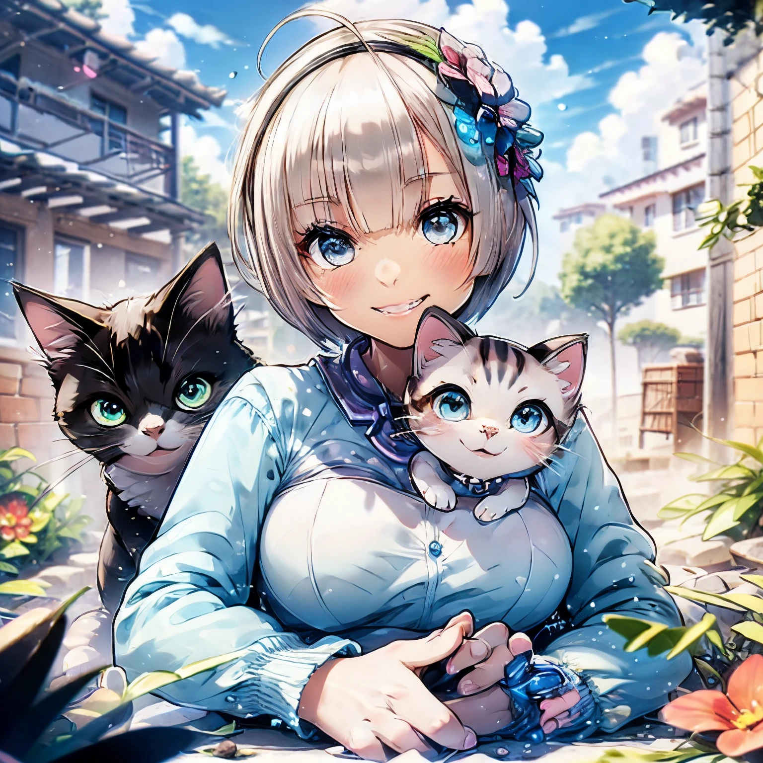 Absurd, Ultra-detailed,Bright colors,(8k:1.5),Masseter muscle area,bright landscape、for that, Blue sky、Very beautifully detailed face and eyes,(deep blue eyes:1.4) valley、Pink skin、Summer Morning、A back alley with lots of flowers blooming、(Cat Pose),(The smile is too cute:1.3)、Double teeth,