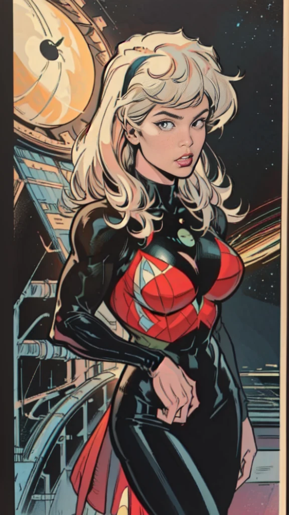 masterpiece,very sharp image,((American Comics style)),((The Perfect One Woman)),((one person)),retro space futurism, beautiful detailed face,hi-tech armor overl catsuit, long curly hair,in deep space, with several planets and suns in the background, Excellent sense,medium breasts,cleavage,colorful,highly detailed body,