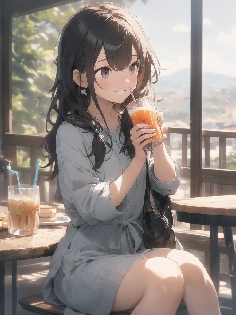(looking away:1.2),(masterpiece:1.2), (best quality),(ultra detailed),(extremely detailed),(absolutely resolution) ,absurdres,8k, 1girl-drinking-fruits-juice, cafe, sitting-on-the-chair, grin, cake, mountain, blue-coral-sea, flowers-pods, windy,
BREAK, ultra detailed eyes, long hair, messy hair, (gradation hair:1.2),
